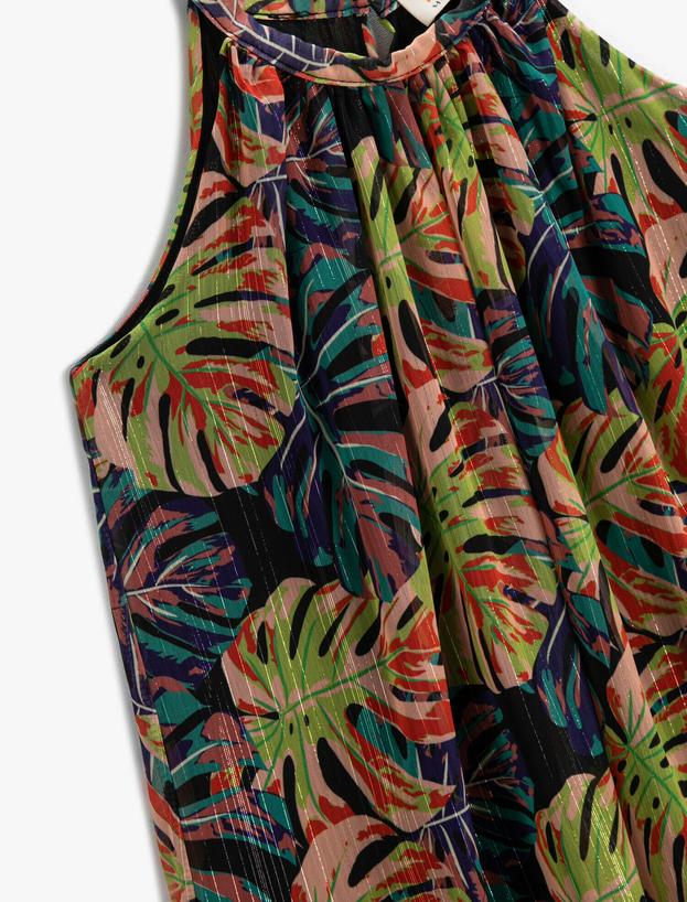  Palmiye Baskılı Çiçekli Elbise Midi Halter Yaka