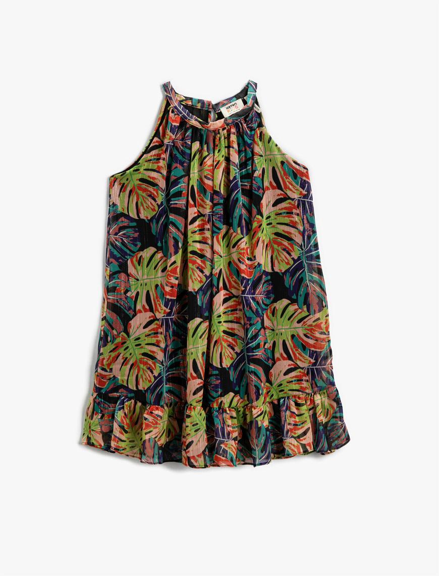  Kız Çocuk Palmiye Baskılı Çiçekli Elbise Midi Halter Yaka