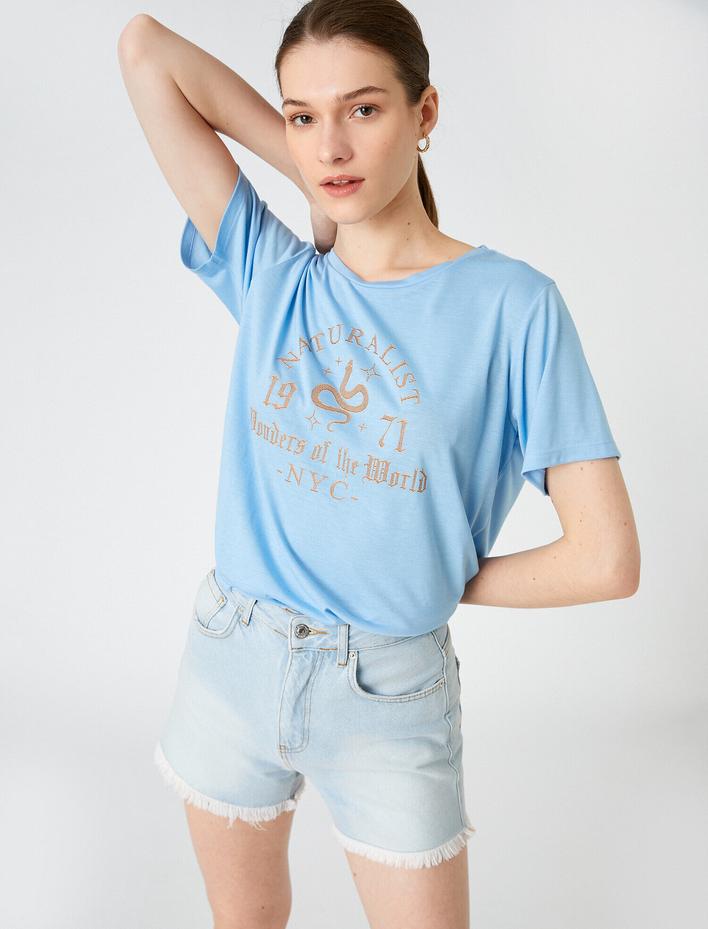  Slogan Baskılı Tişört Kısa Kollu Bisiklet Yaka