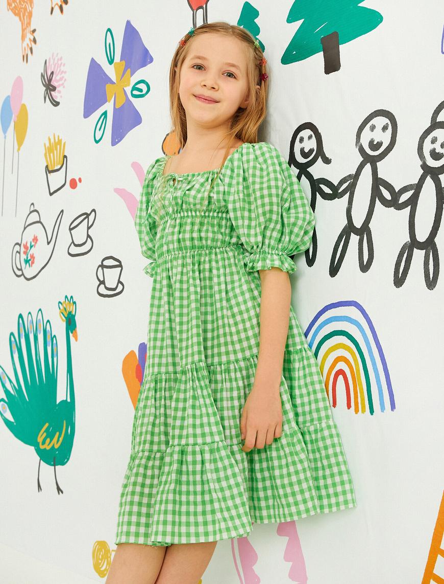  Kız Çocuk Elbise Kısa Balon Kollu Kareli Midi Fırfırlı Volanlı