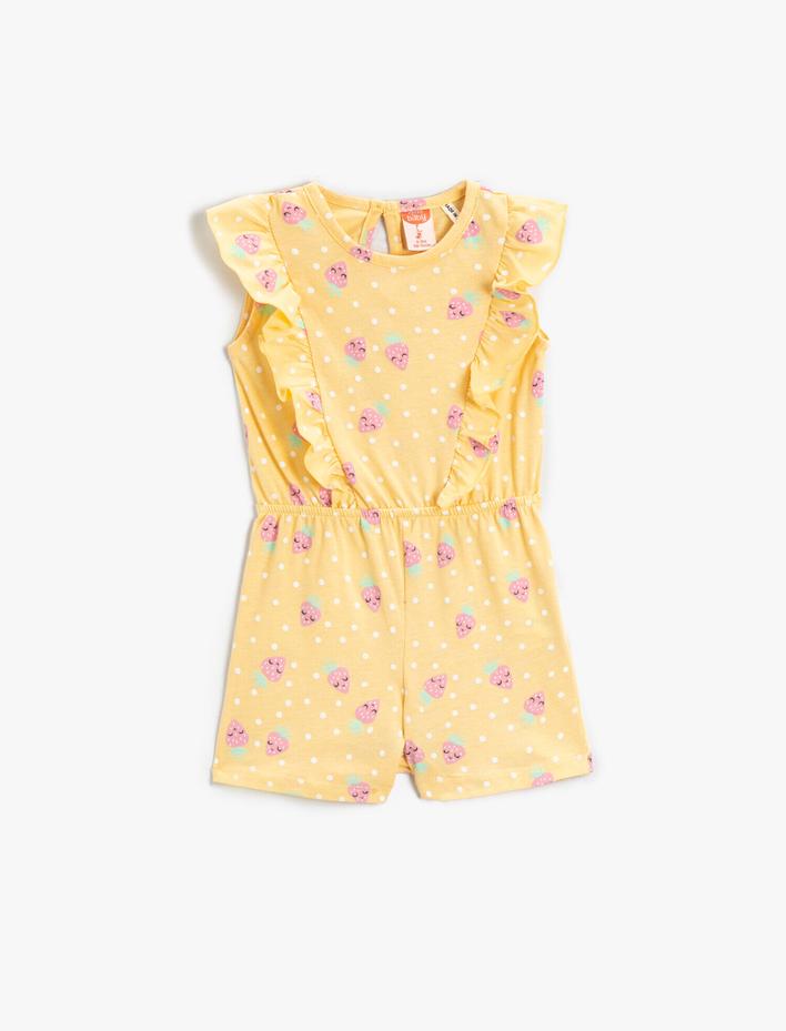 Kız Bebek Tulum Çilek Baskılı Kelebek Kollu Bisiklet Yaka Pamuklu