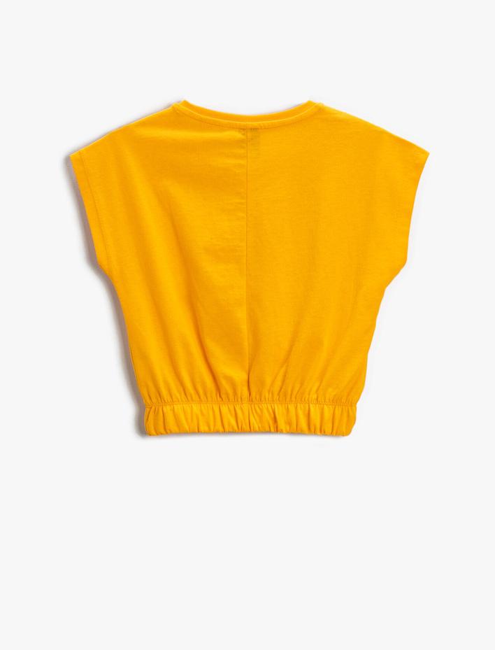 Kız Çocuk Kedi Baskılı Crop Tişört Bisiklet Yaka Beli Lastikli Pamuklu