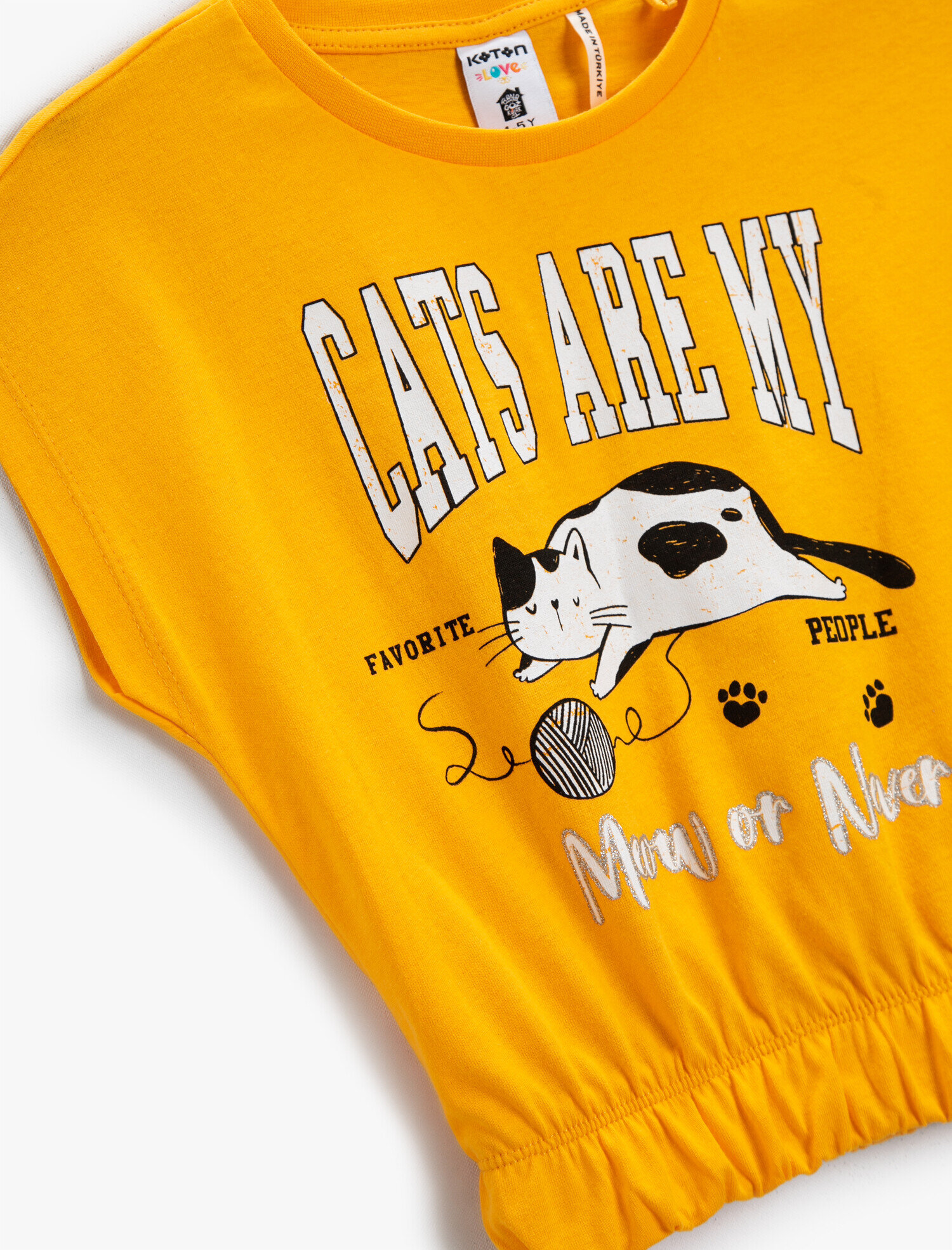  Kız Çocuk Kedi Baskılı Crop Tişört Bisiklet Yaka Beli Lastikli Pamuklu