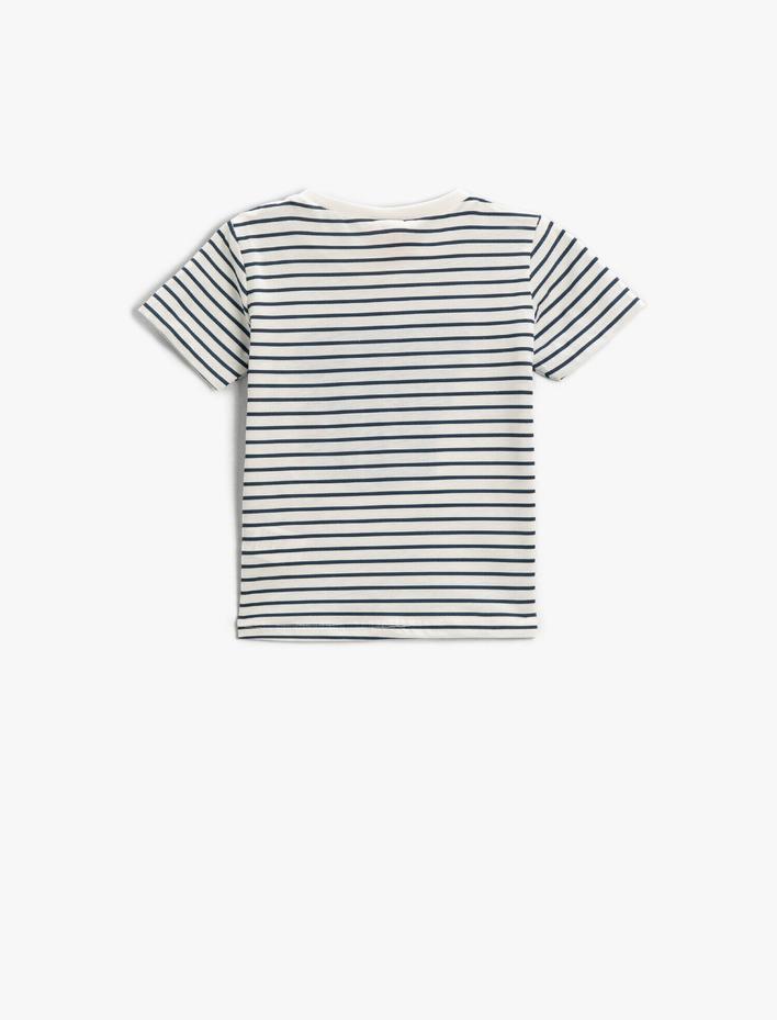Erkek Bebek Fil Desenli Çizgili Tişört Kısa Kollu Bisiklet Yaka Pamuklu