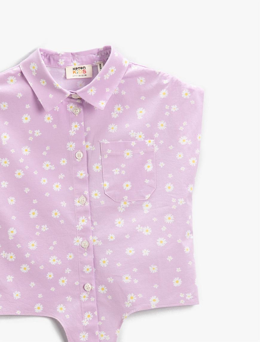  Kız Çocuk Çiçekli Gömlek Kolsuz Belden Bağlamalı Cepli Pamuklu