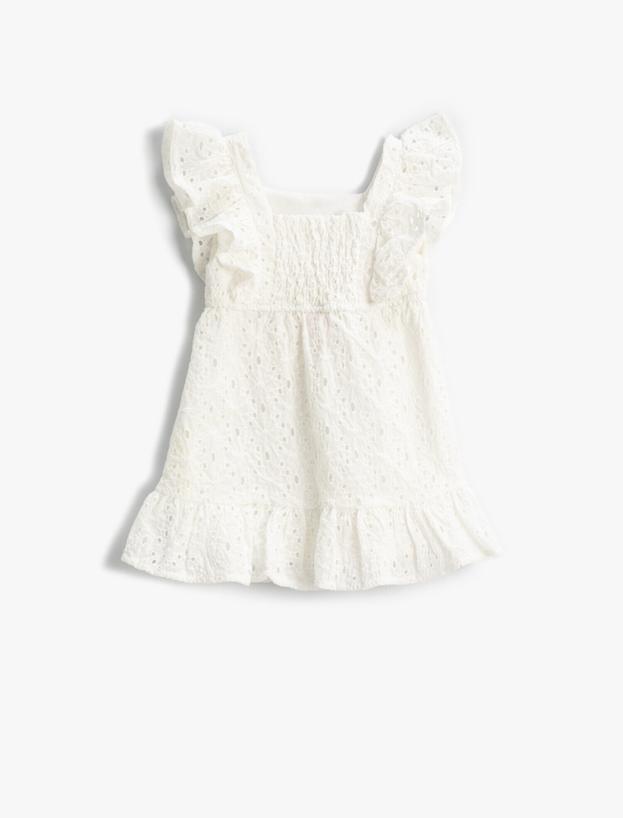  Kız Bebek İşlemeli, Fırfırlı Çiçekli Elbise Astarlı