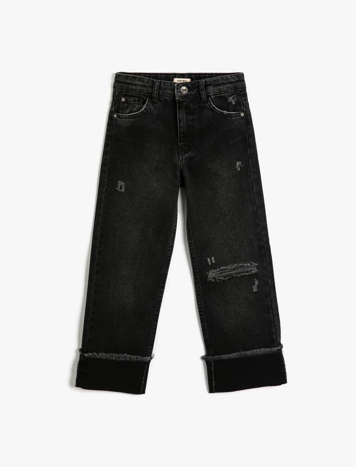 Kız Çocuk Kot Pantolon Destroylu Geniş Paça Pamuklu - Boyfriend Jean