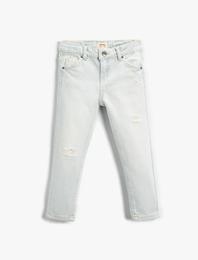 Kot Pantolon Yıpratılmış Detaylı Pamuklu Cepli - Slim Jean