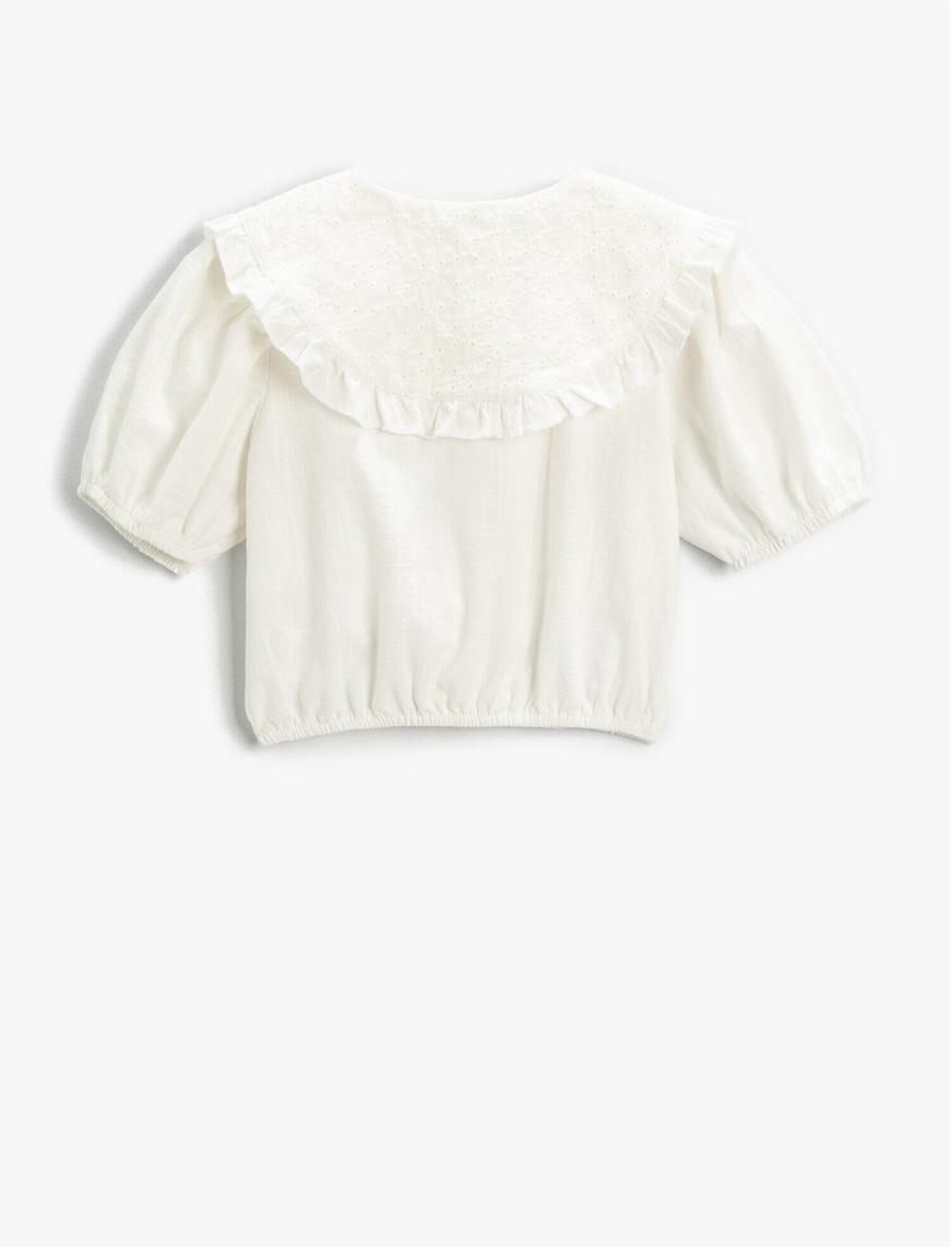  Kız Çocuk Balon Kollu Crop Bluz Bebe Yaka İşlemeli