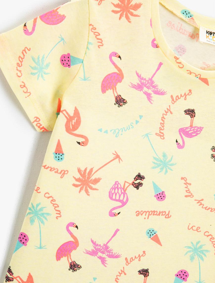  Kız Çocuk Yaz Temalı Flamingo Baskılı Kısa Kollu Tişört