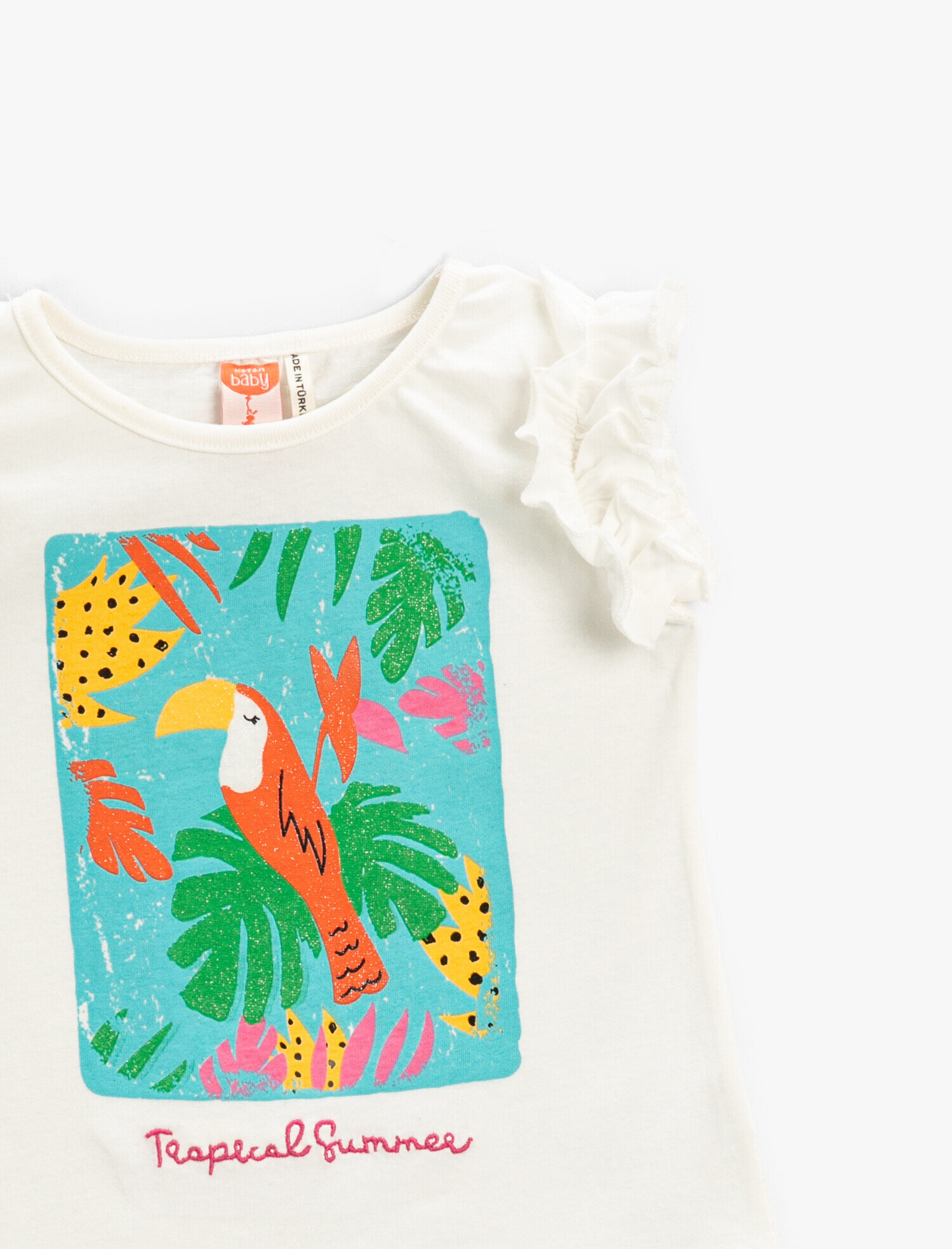  Kız Bebek Kolları Fırfırlı Tişört Papağan Baskılı İşlemeli Pamuklu