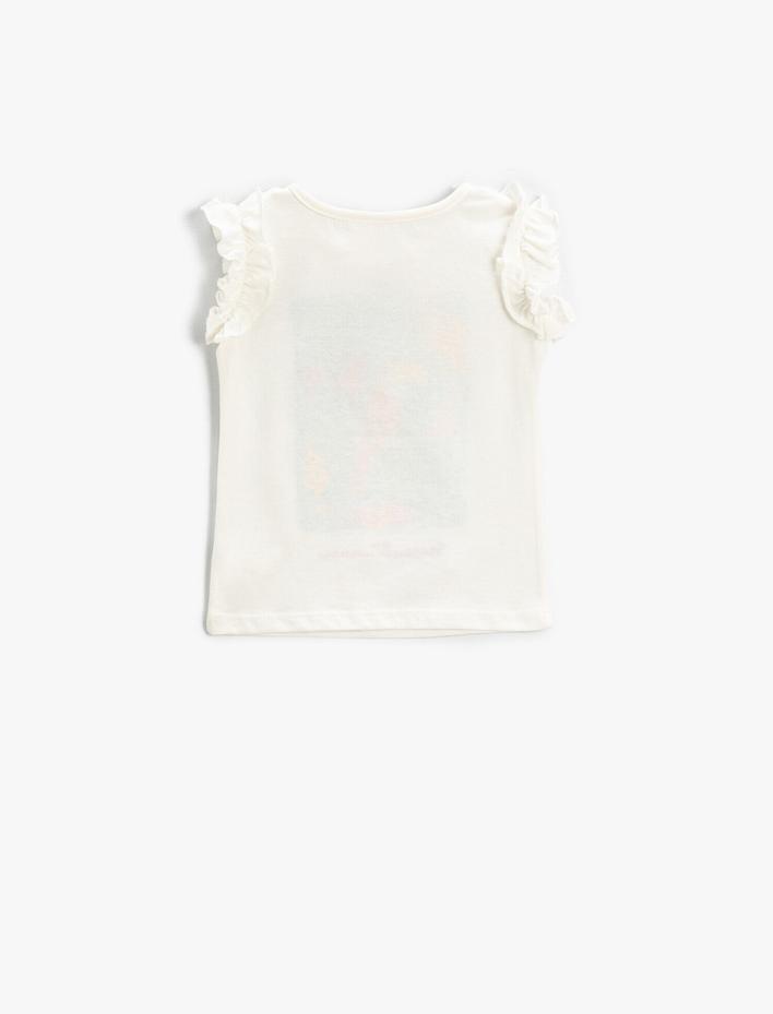 Kız Bebek Kolları Fırfırlı Tişört Papağan Baskılı İşlemeli Pamuklu