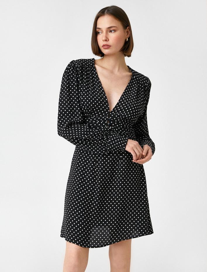  Puantiyeli Viskon Elbise Uzun Kollu V Yaka