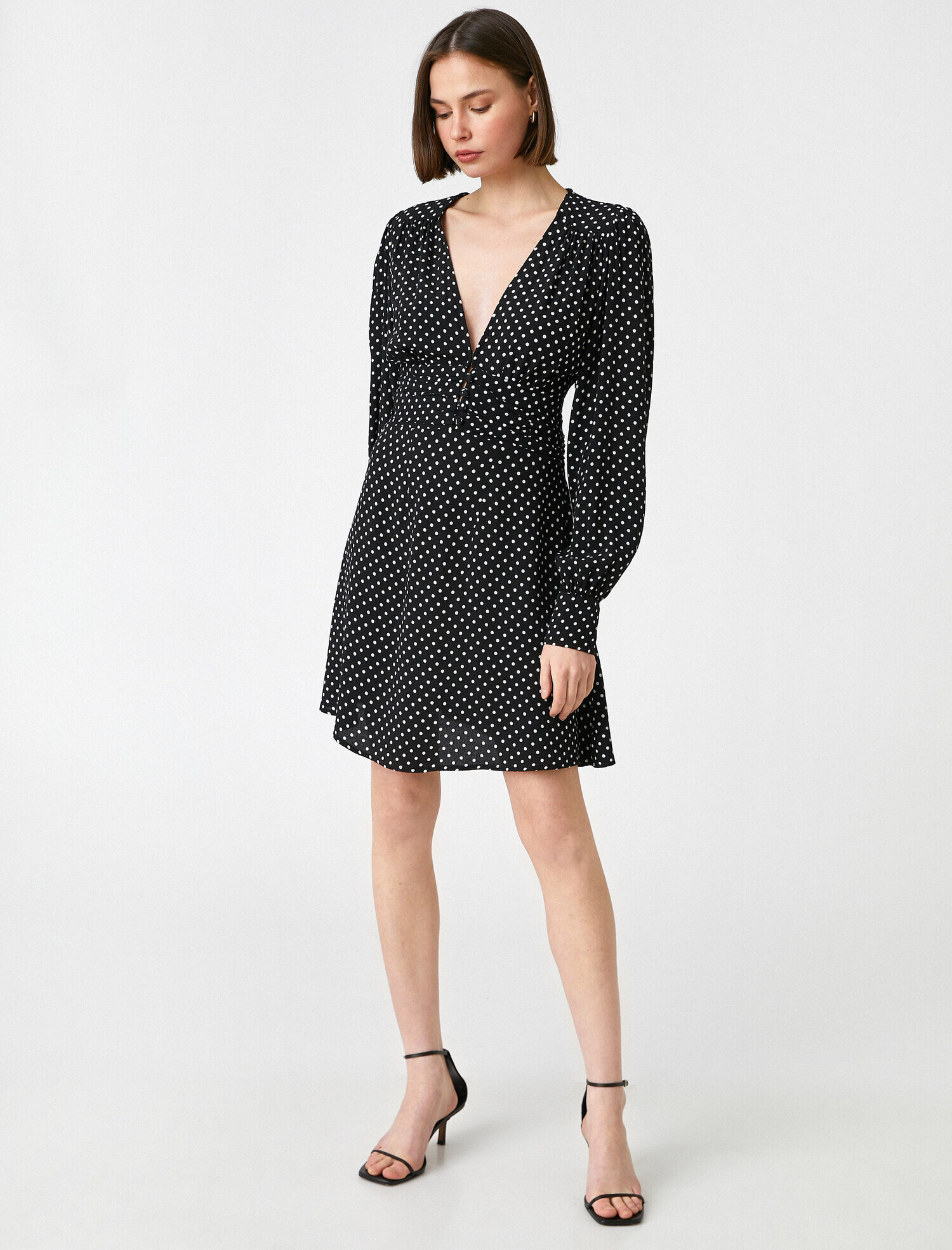   Puantiyeli Viskon Elbise Uzun Kollu V Yaka