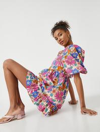 Balon Kol Elbise Çiçekli Kısa Fırfırlı Poplin Mini