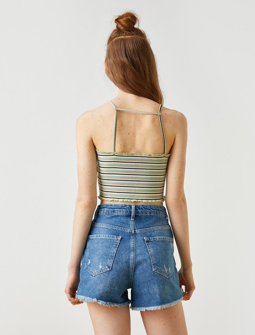   Halter Yaka Çizgili Asimetrik Kenarlı Crop Atlet