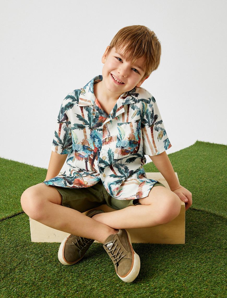  Erkek Çocuk Yaz Temalı Palmiye Desenli Kısa Kollu Gömlek