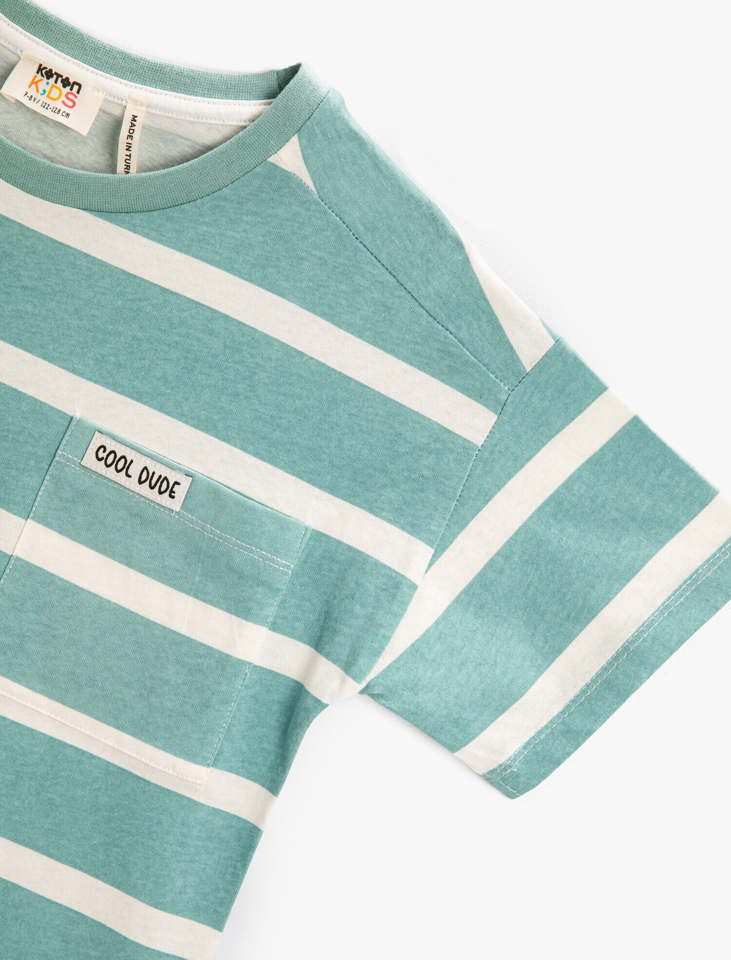  Erkek Çocuk Çizgili Cep Detaylı Kısa Kollu Tişört Bisiklet Yaka Pamuklu