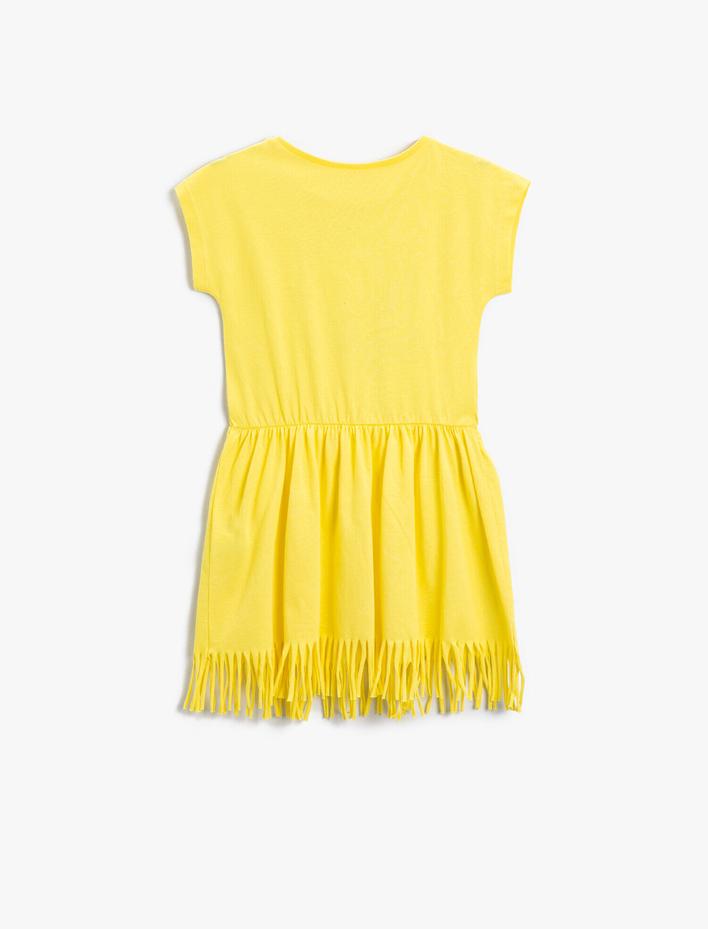 Kız Çocuk Penye Elbise Püsküllü Unicorn Baskılı Kısa Kollu Pamuklu