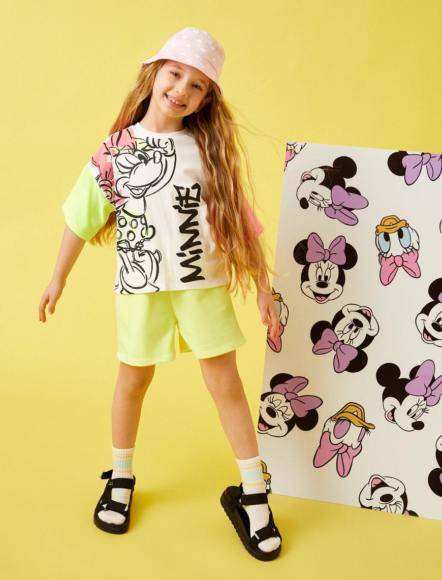  Kız Çocuk Minnie Mouse Lisanslı Baskılı Kısa Kollu Bisiklet Yaka Tişört  Pamuklu