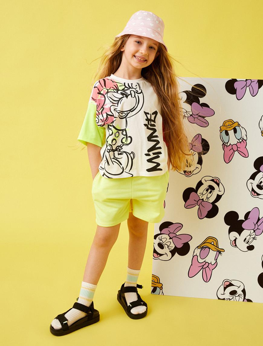  Kız Çocuk Minnie Mouse Lisanslı Baskılı Kısa Kollu Bisiklet Yaka Tişört  Pamuklu