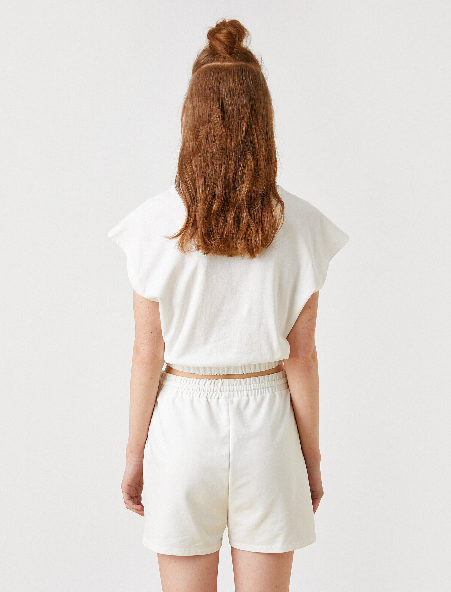   Crop Bisiklet Yaka Kısa Kollu Beli Lastikli Tişört