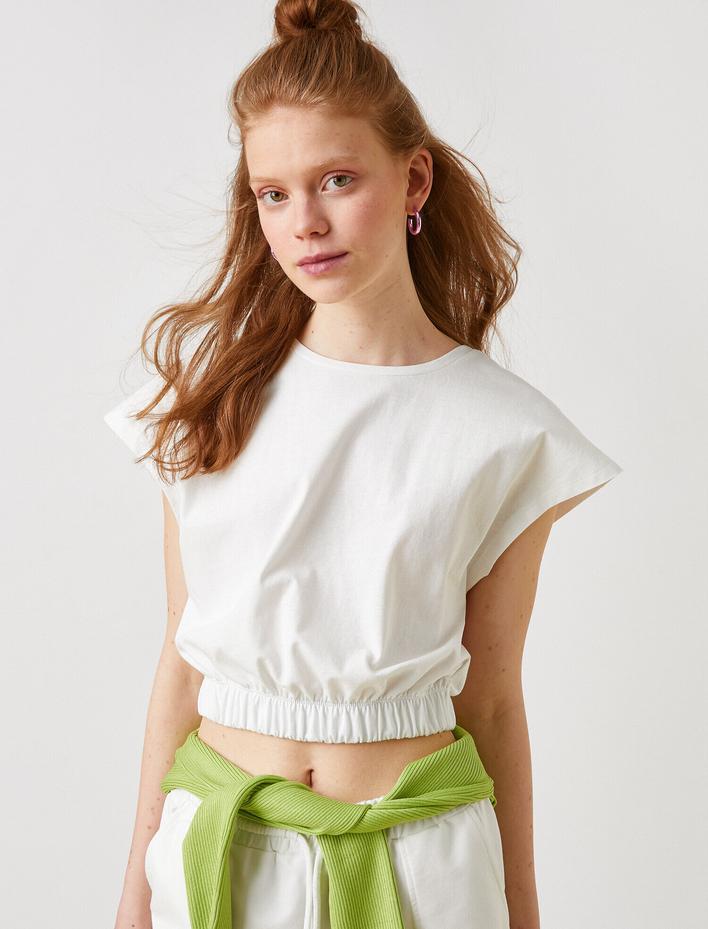  Crop Bisiklet Yaka Kısa Kollu Beli Lastikli Tişört