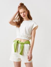 Crop Bisiklet Yaka Kısa Kollu Beli Lastikli Tişört