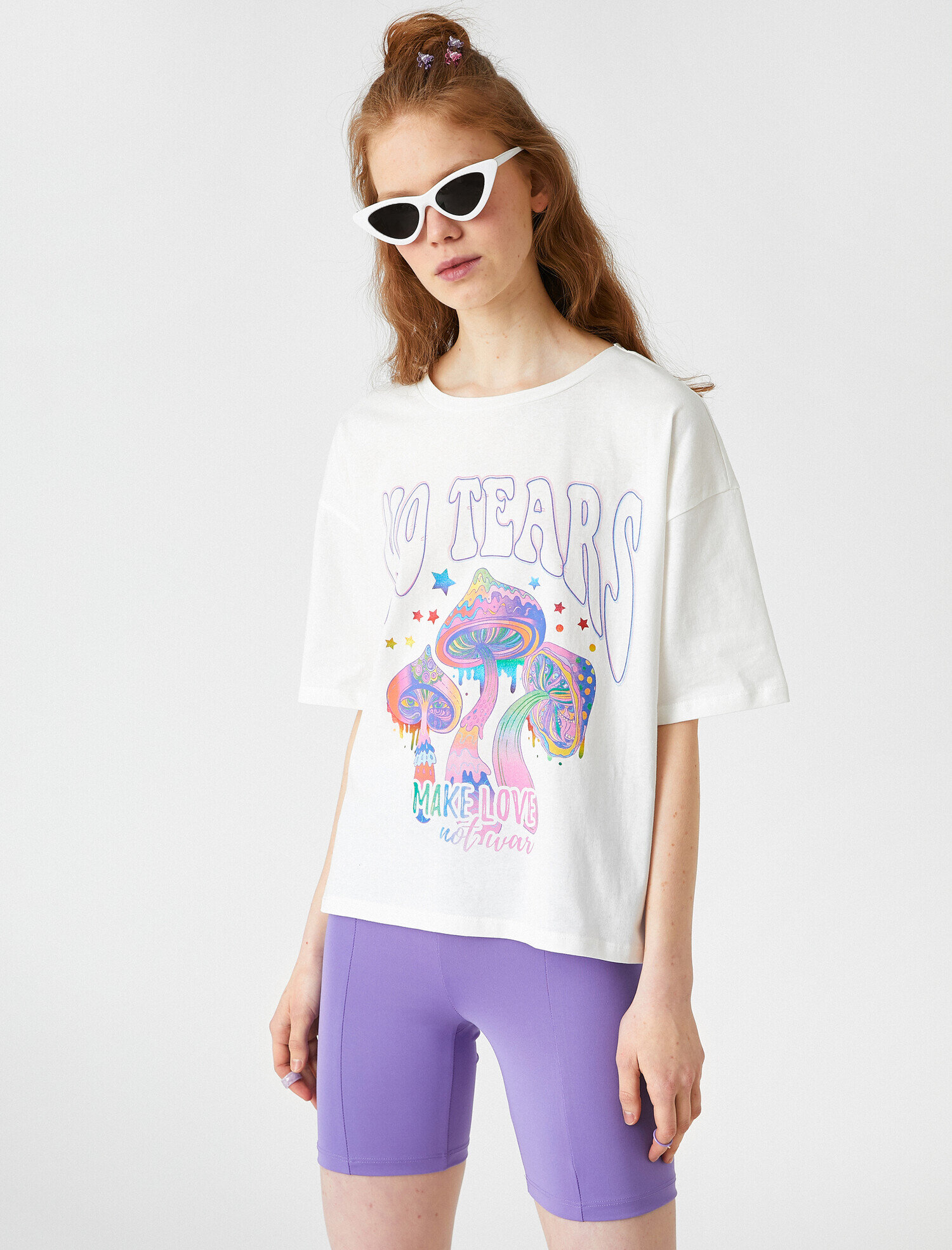   Oversize Baskılı Kısa Kollu Bisiklet Yaka Tişört