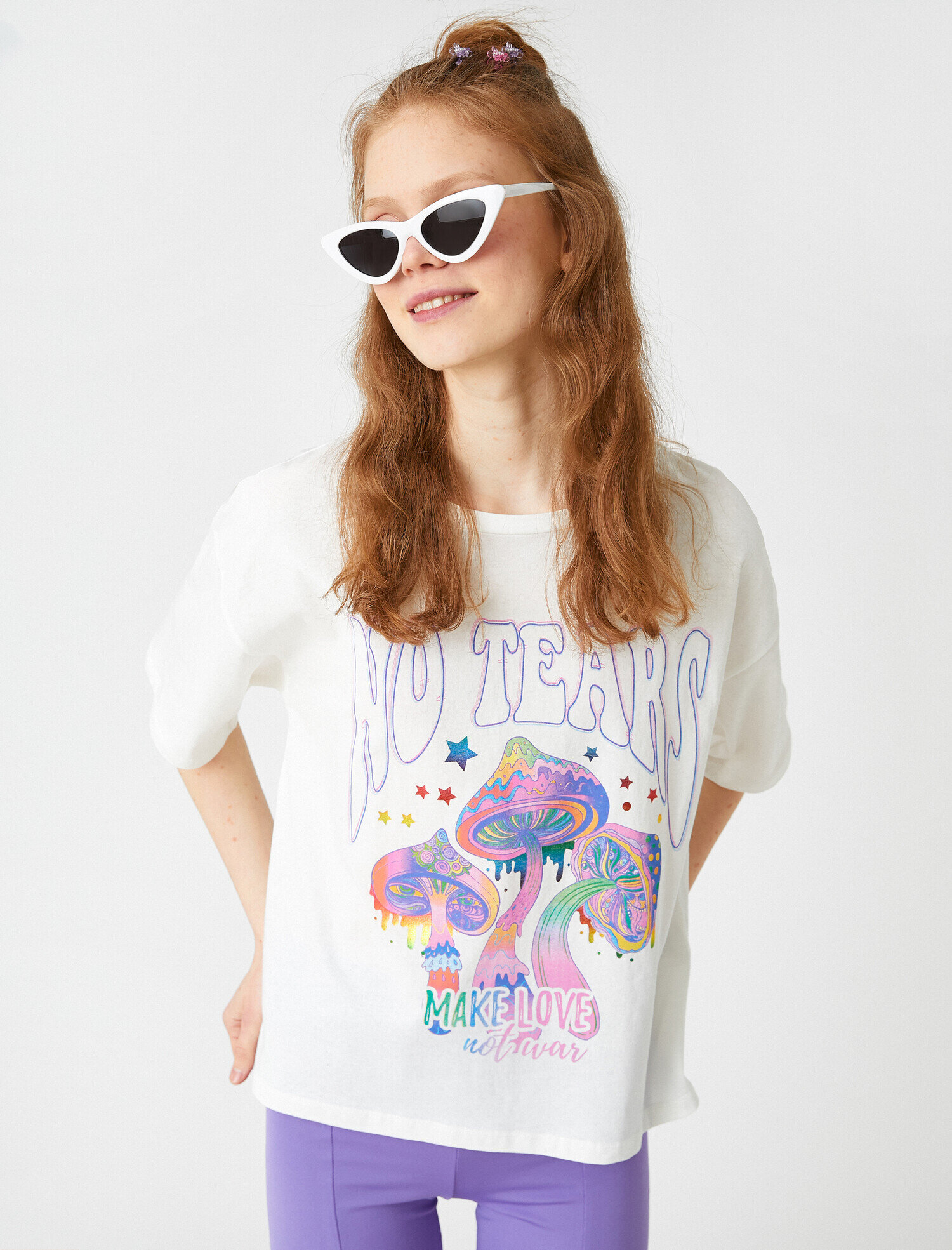   Oversize Baskılı Kısa Kollu Bisiklet Yaka Tişört