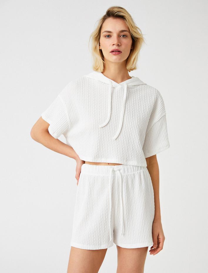 Kapüşonlu Kısa Kollu Crop Sweatshirt