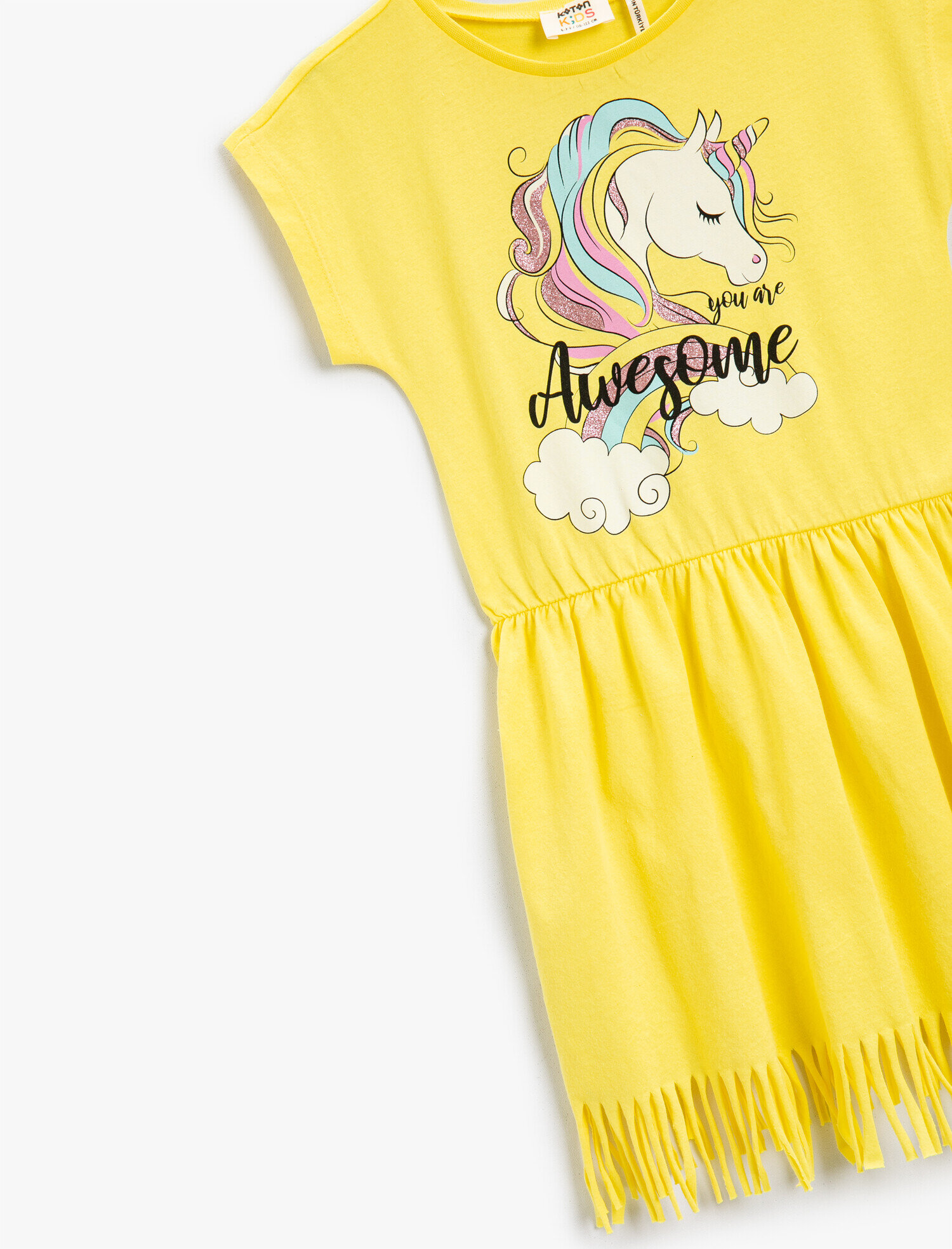  Kız Çocuk Penye Elbise Püsküllü Unicorn Baskılı Kısa Kollu Pamuklu