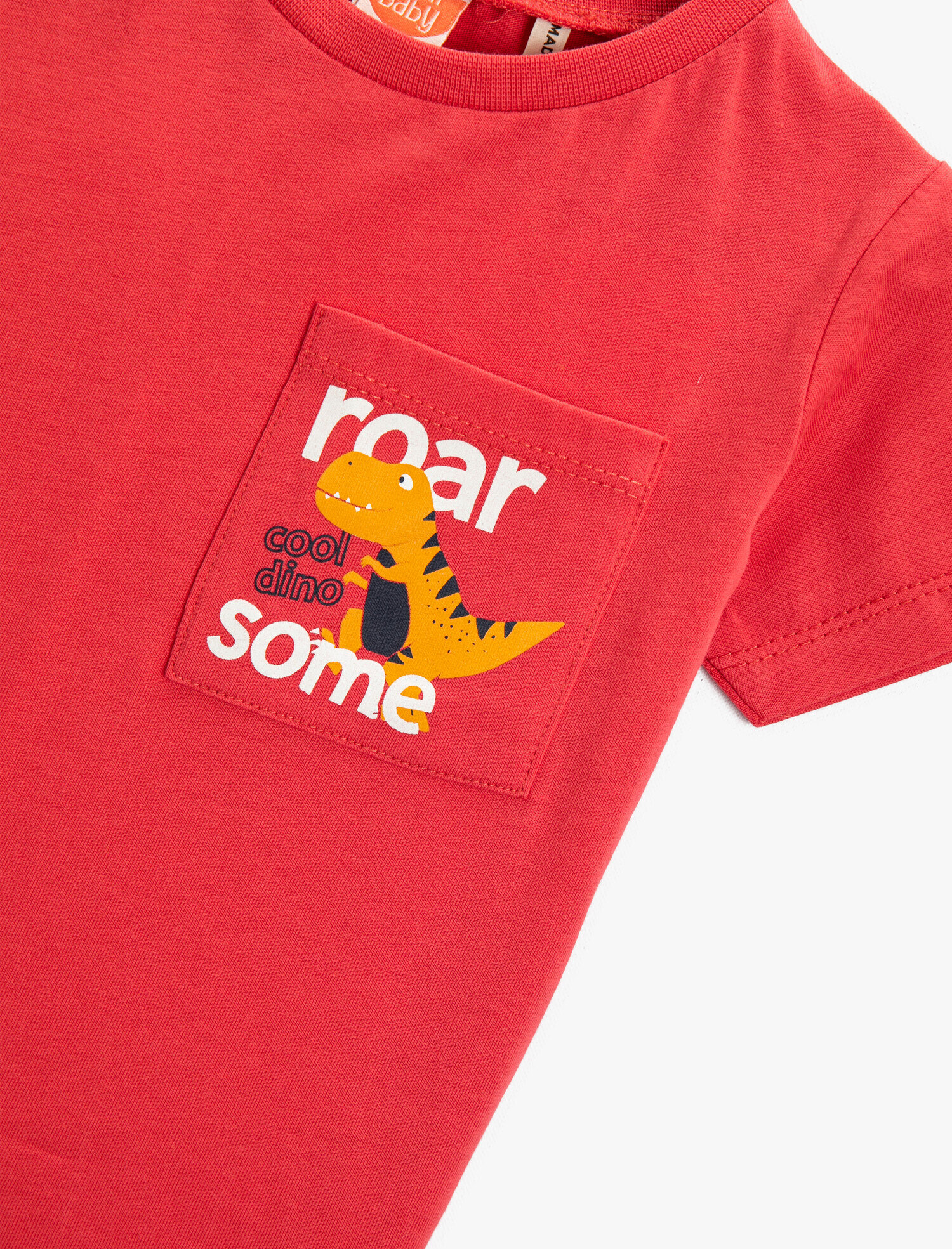  Erkek Bebek Cep Detaylı Dinozor Baskılı Bisiklet Yaka Tişört Pamuklu
