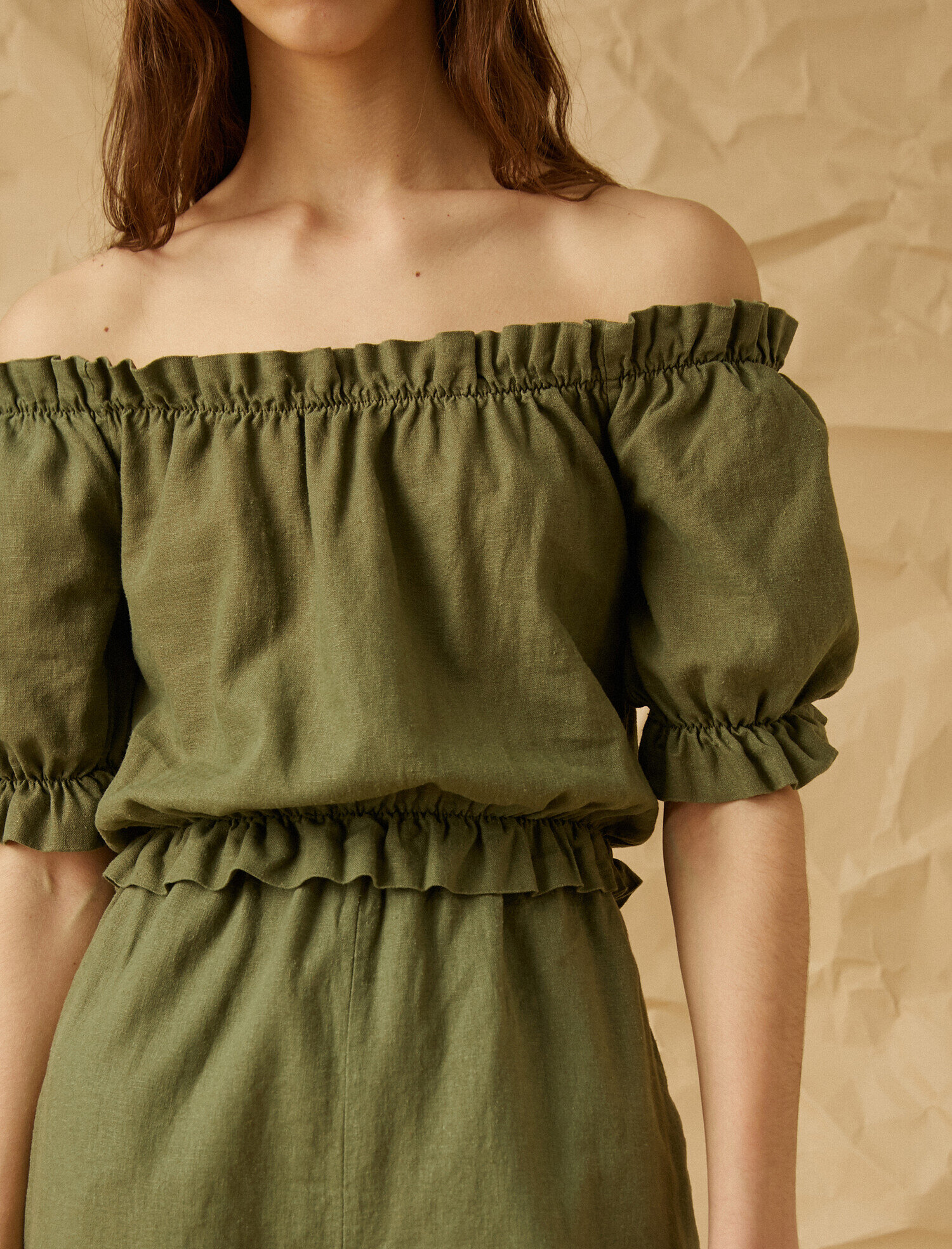   Elastik Bel Keten Kısa Tulum