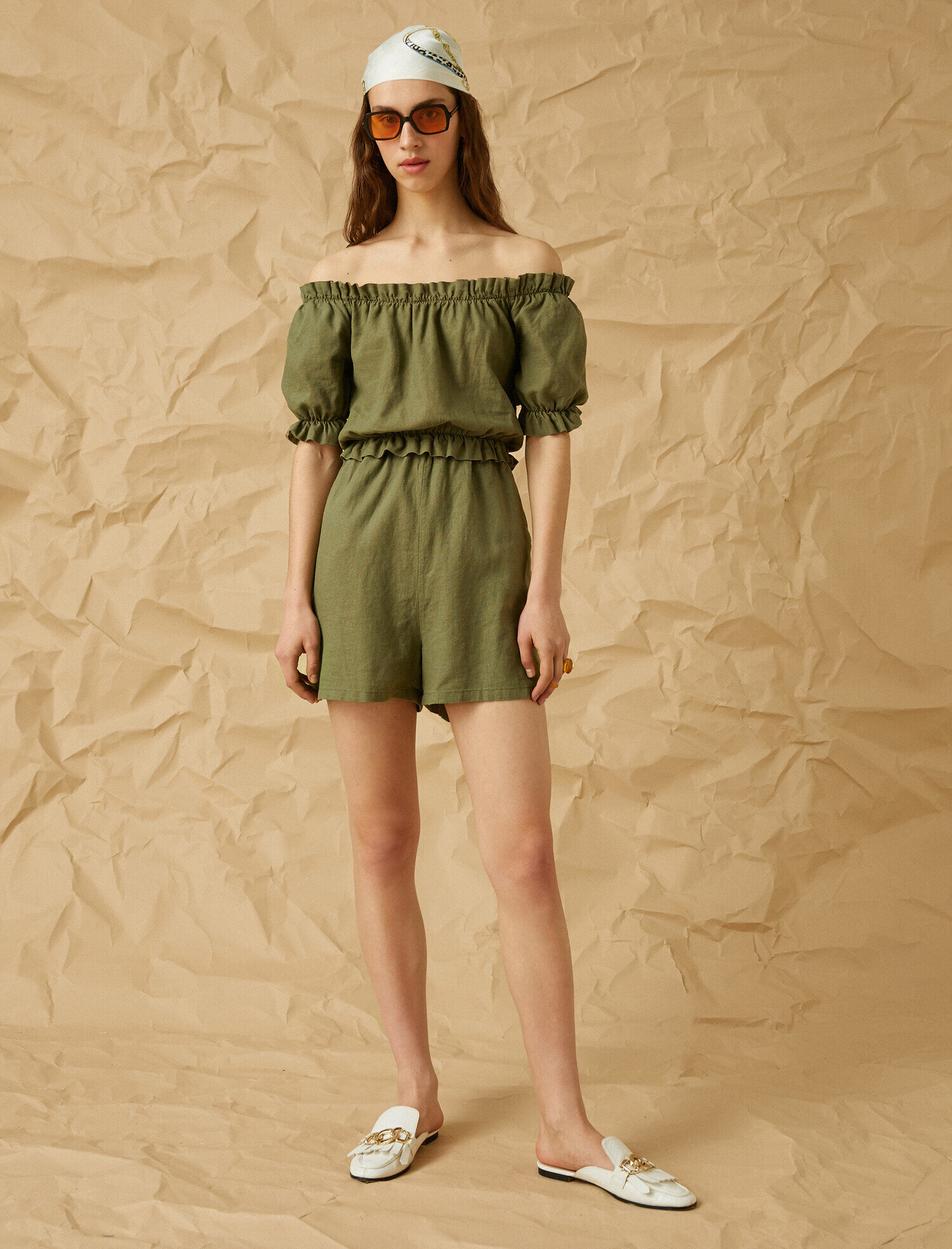   Elastik Bel Keten Kısa Tulum