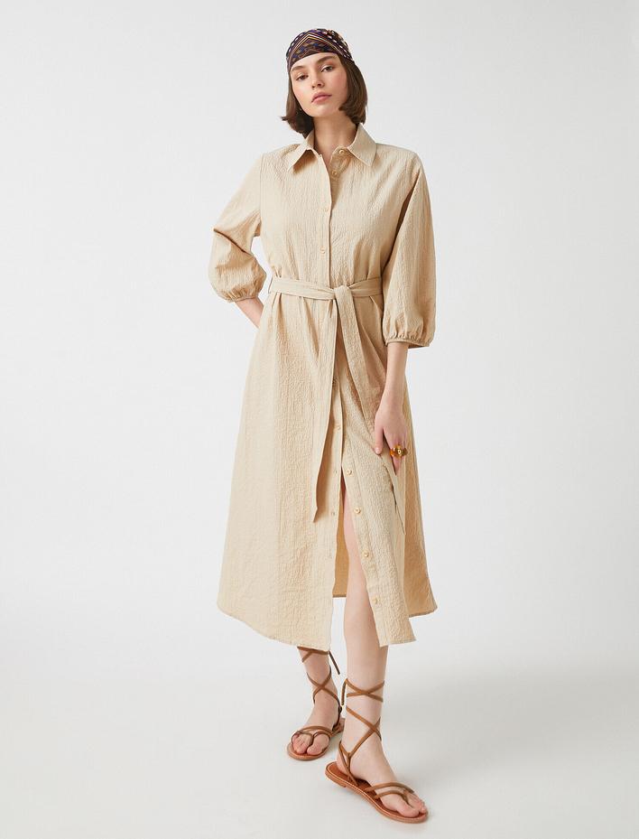  3/4 Kol Beli Bağlamalı Midi Elbise