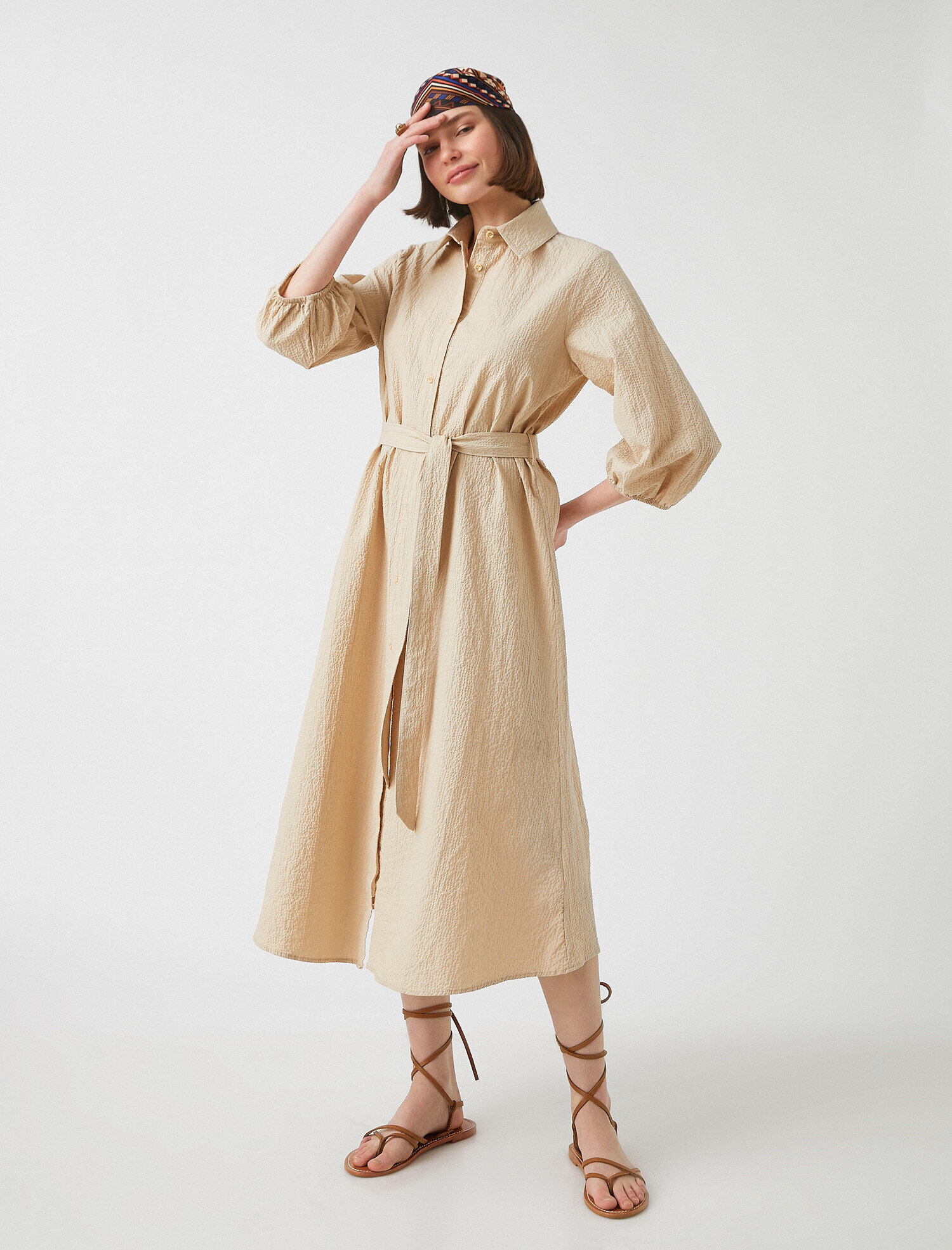   3/4 Kol Beli Bağlamalı Midi Elbise