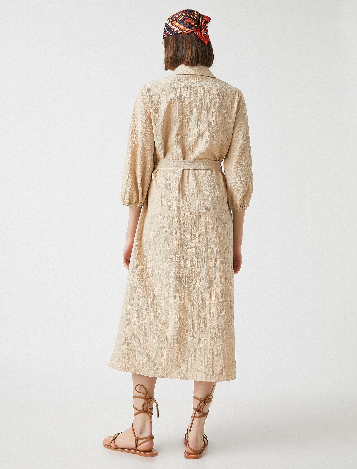   3/4 Kol Beli Bağlamalı Midi Elbise