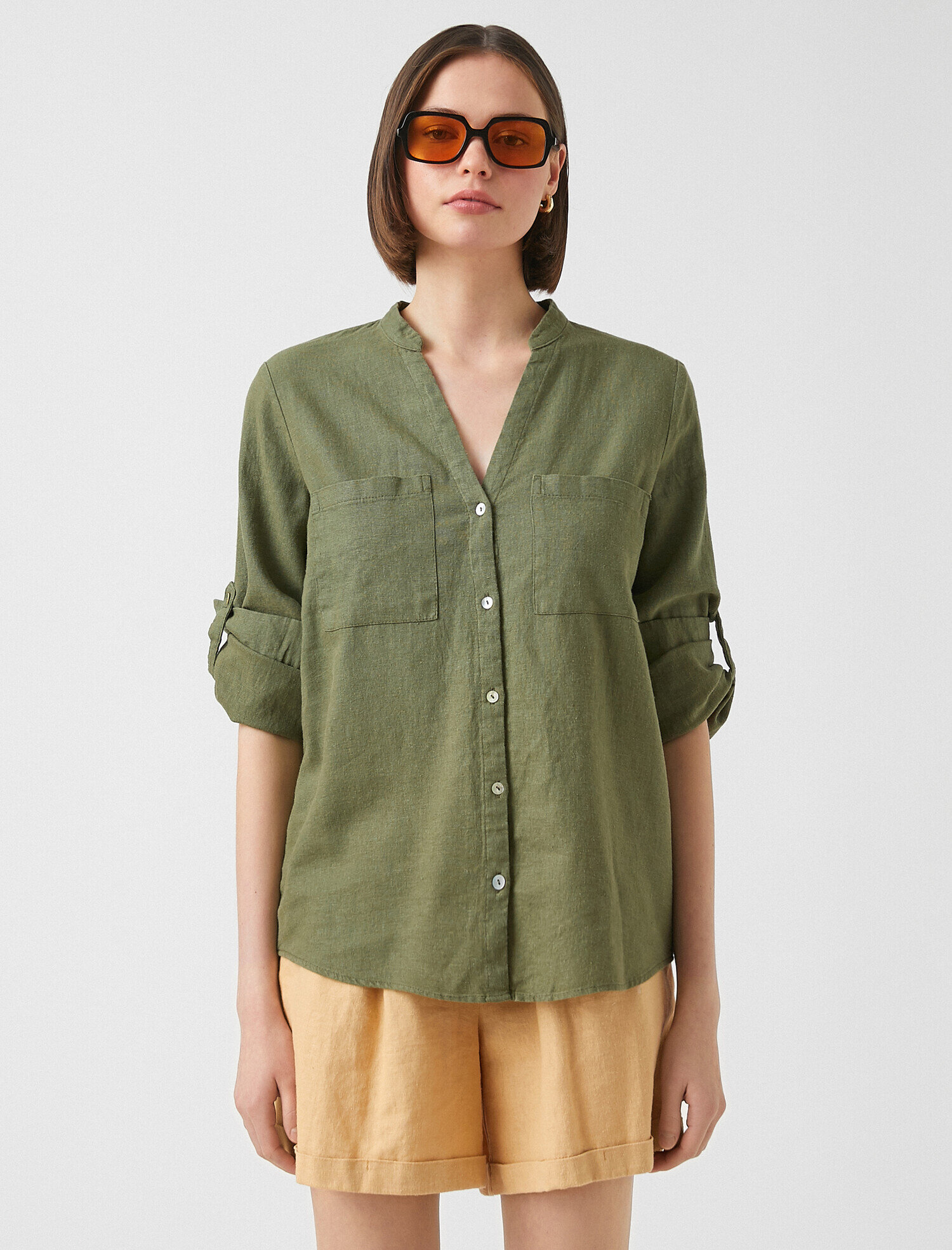   Uzun Kollu Cep Detaylı Keten Gömlek