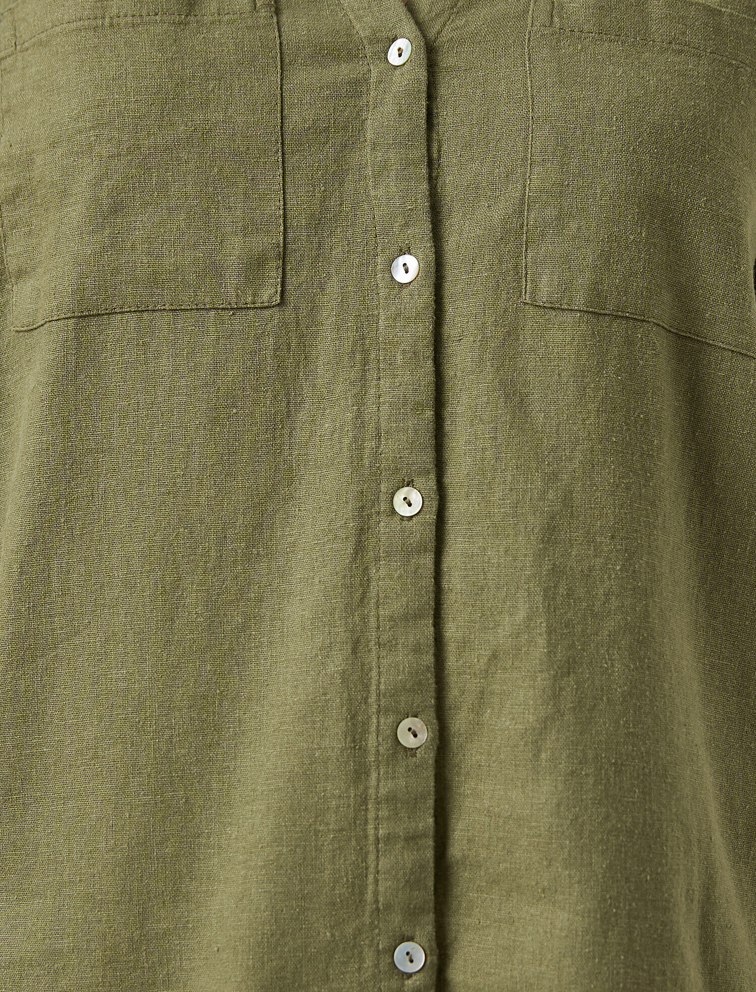   Uzun Kollu Cep Detaylı Keten Gömlek