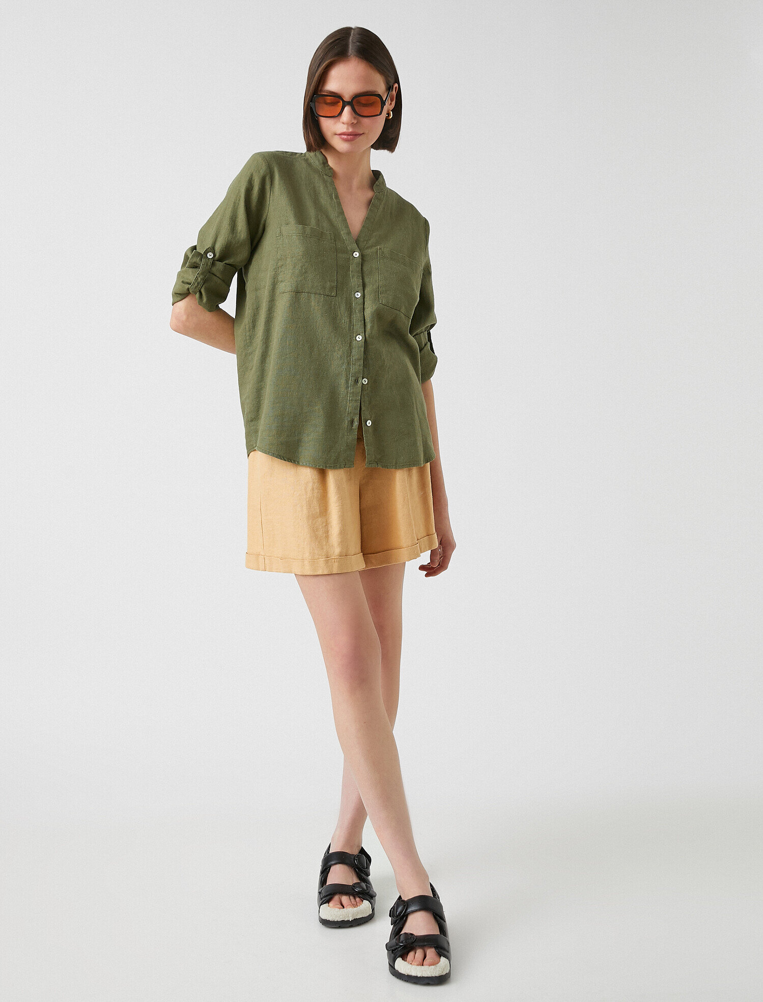   Uzun Kollu Cep Detaylı Keten Gömlek