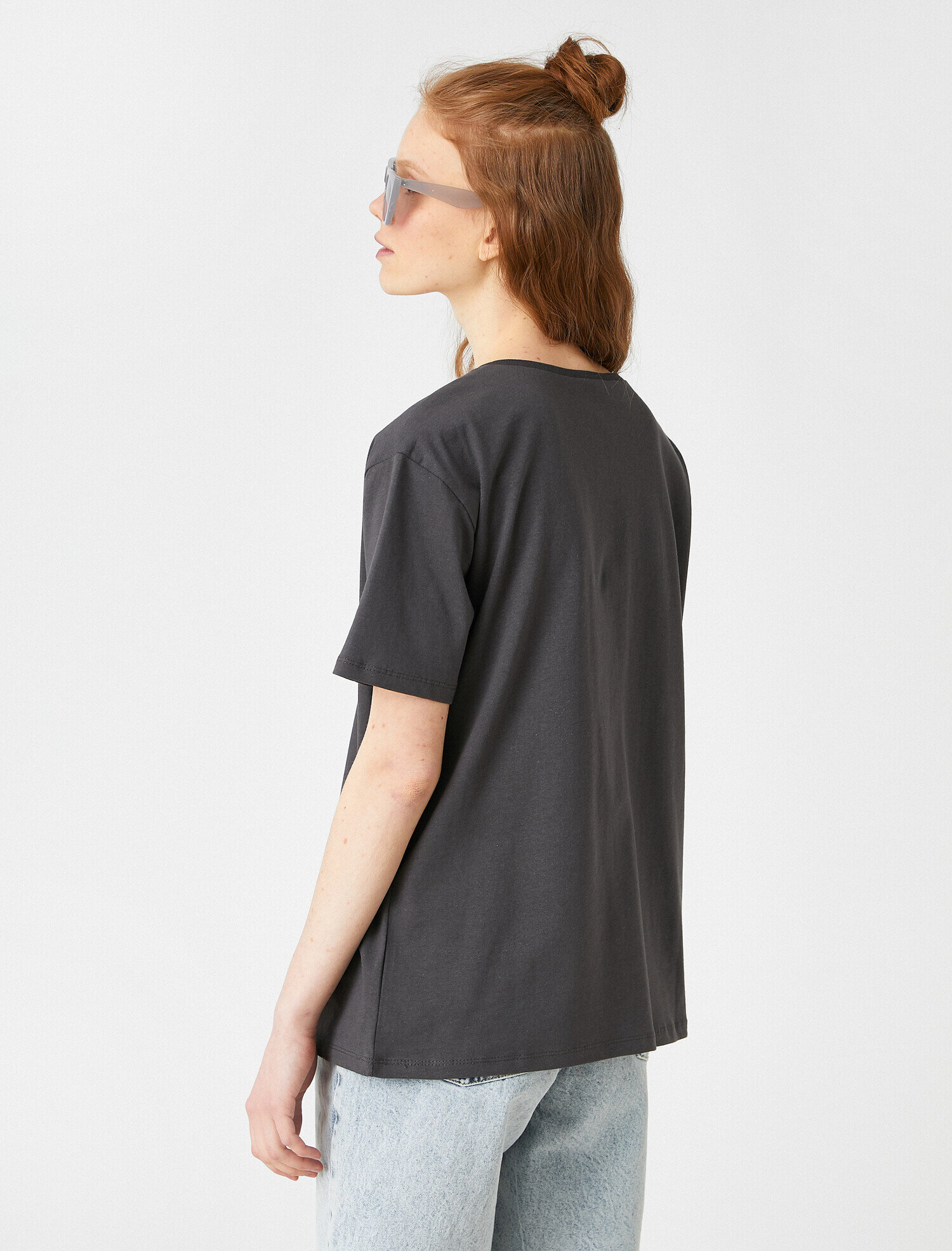   Oversize Kısa Kollu Bisiklet Yaka Baskılı Tişört