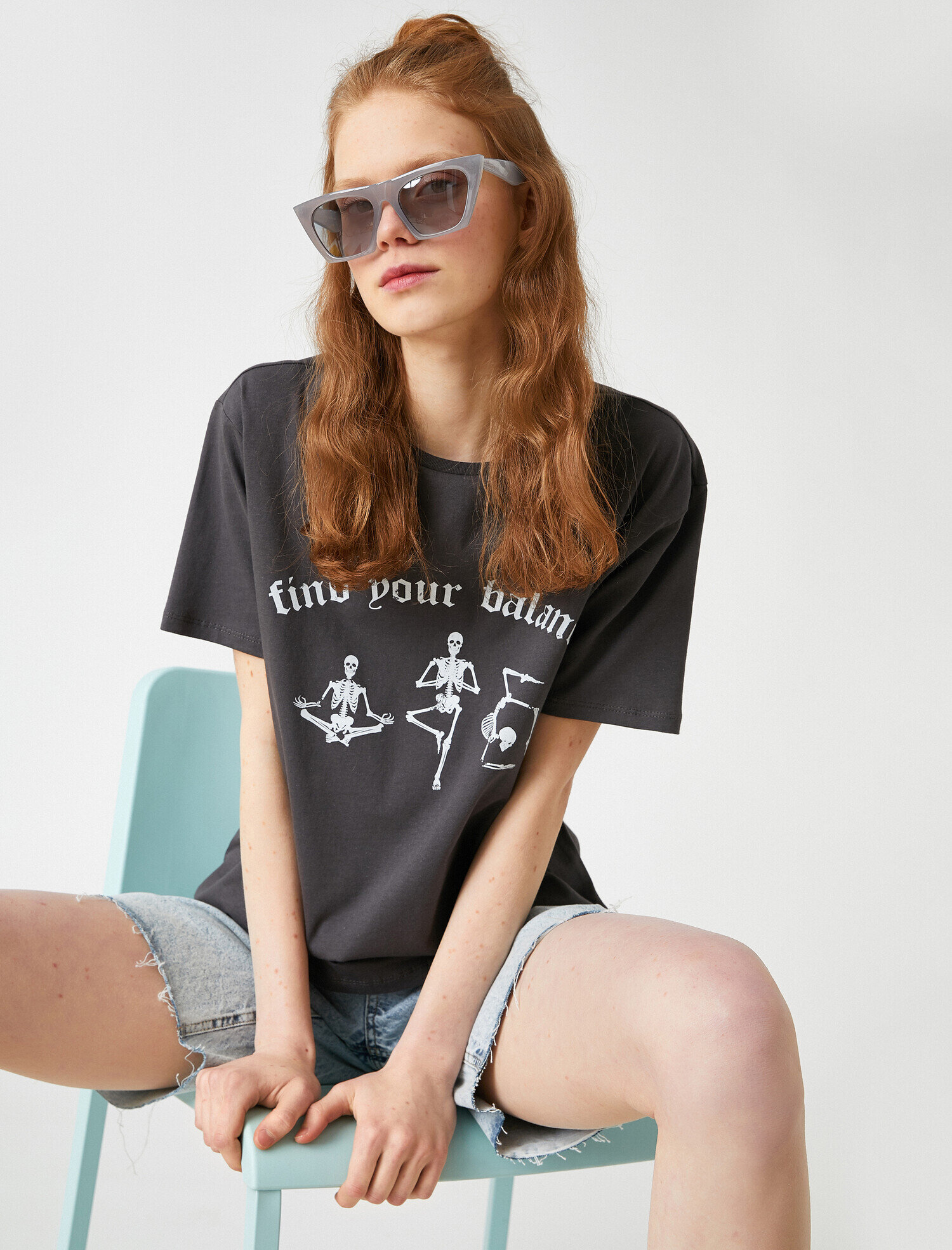   Oversize Kısa Kollu Bisiklet Yaka Baskılı Tişört