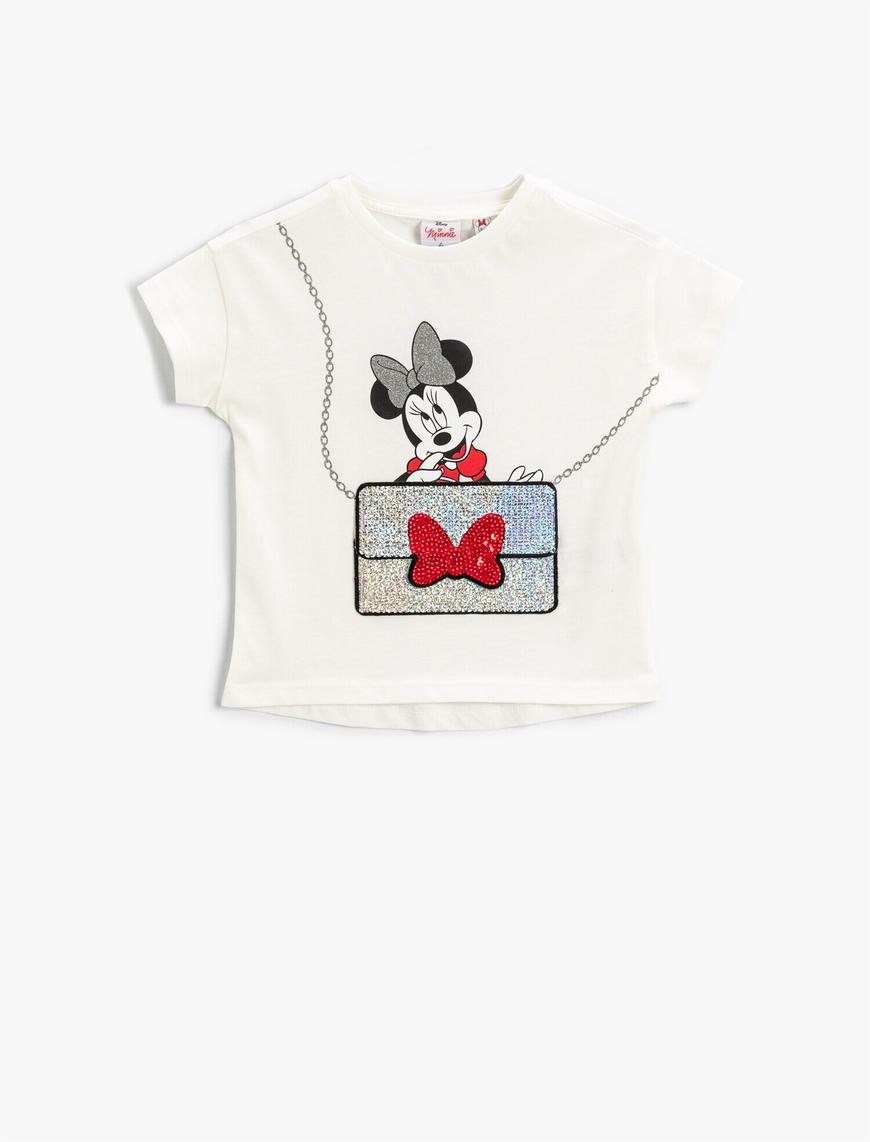  Kız Çocuk Minnie Mouse Lisanslı Baskılı Tişört Pullu Payetli