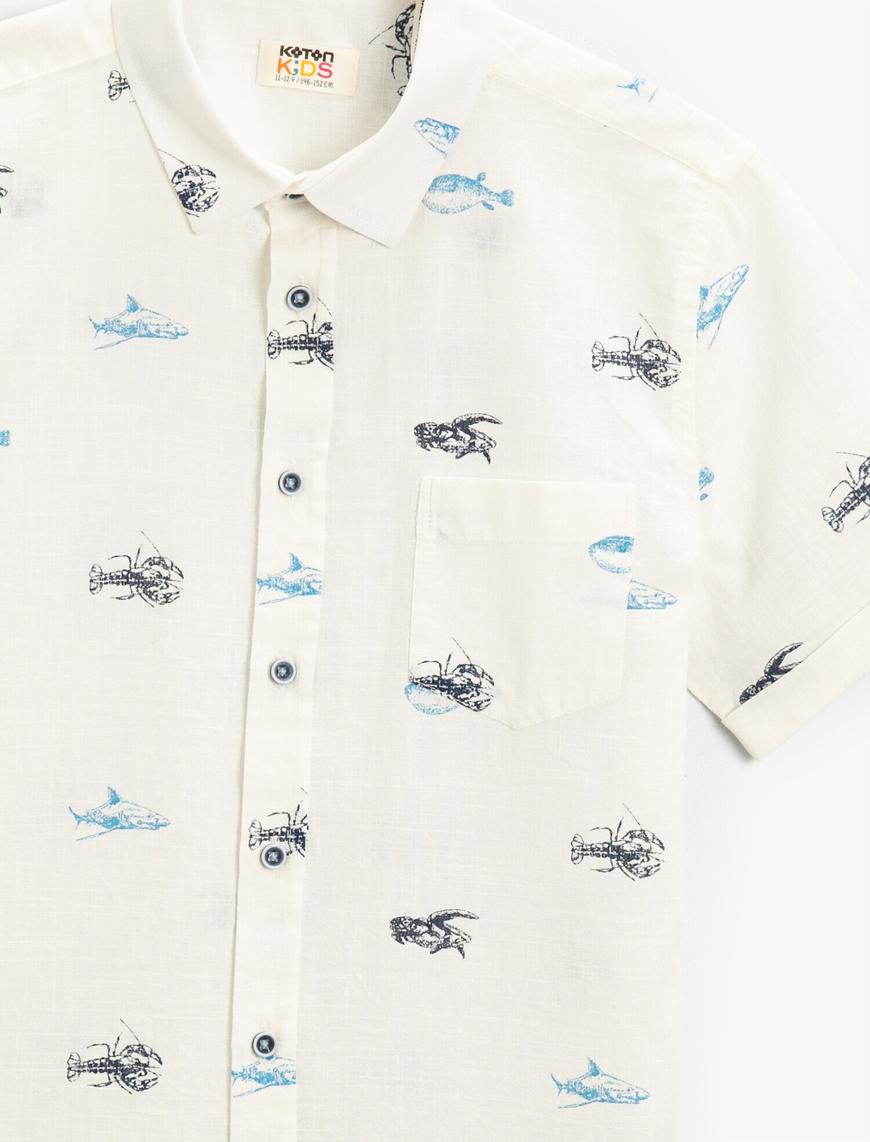  Erkek Çocuk Yengeç ve Balık Baskılı Kısa Kollu Gömlek Pamuklu