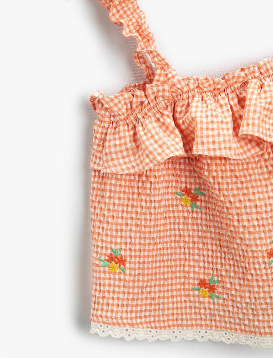  Kız Çocuk Çiçek İşlemeli Pötikareli Fırfırlı Askılı Bluz