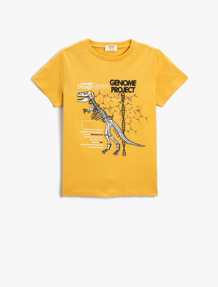 Erkek Çocuk Dinozor Baskılı Pamuklu Bisiklet Yaka Kısa Kollu Tişört