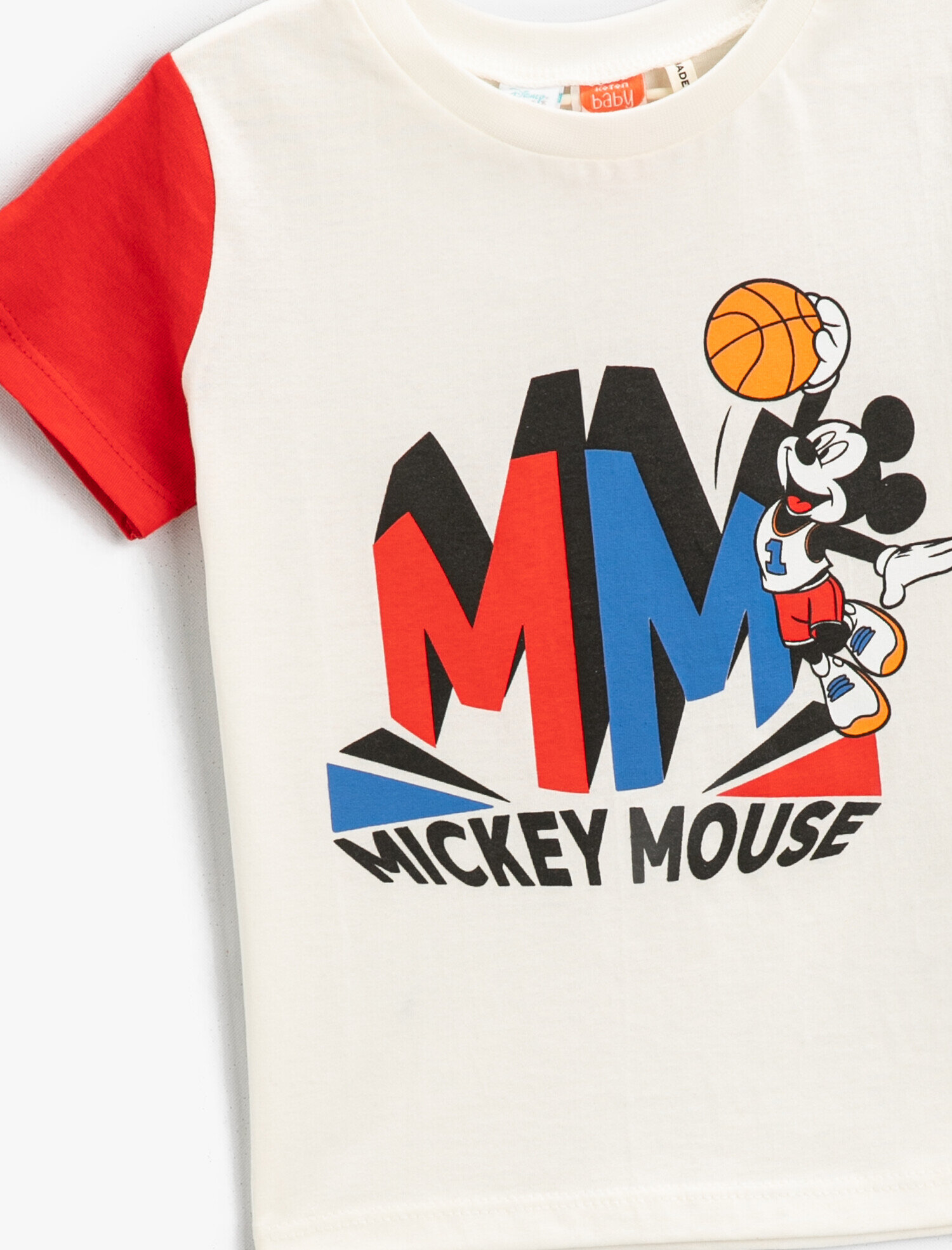 Ekru Erkek Bebek Mickey Mouse Baskılı Kısa Kollu Bisiklet Yaka