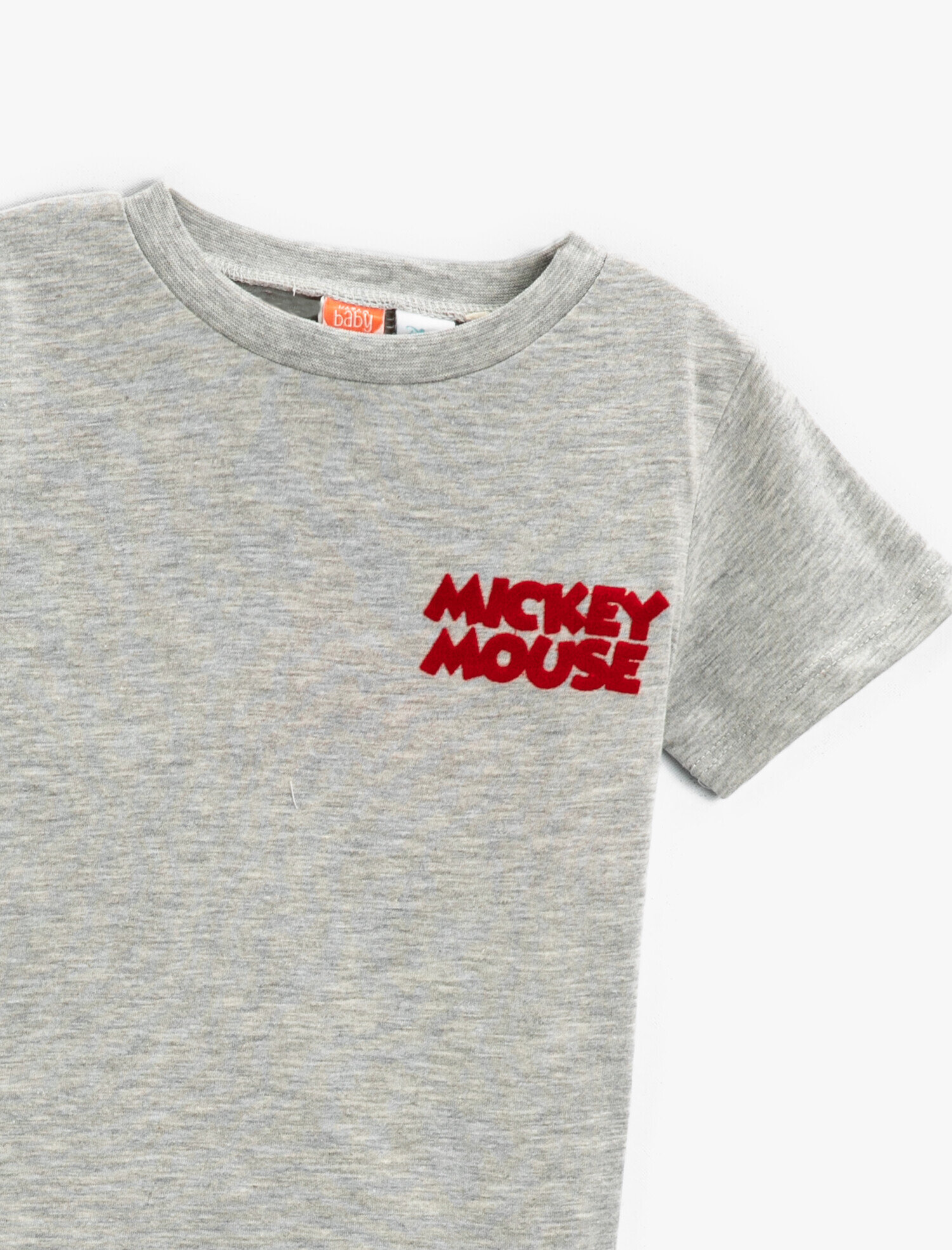 Gri Erkek Bebek Mickey Mouse Baskılı Kısa Kollu Bisiklet Yaka
