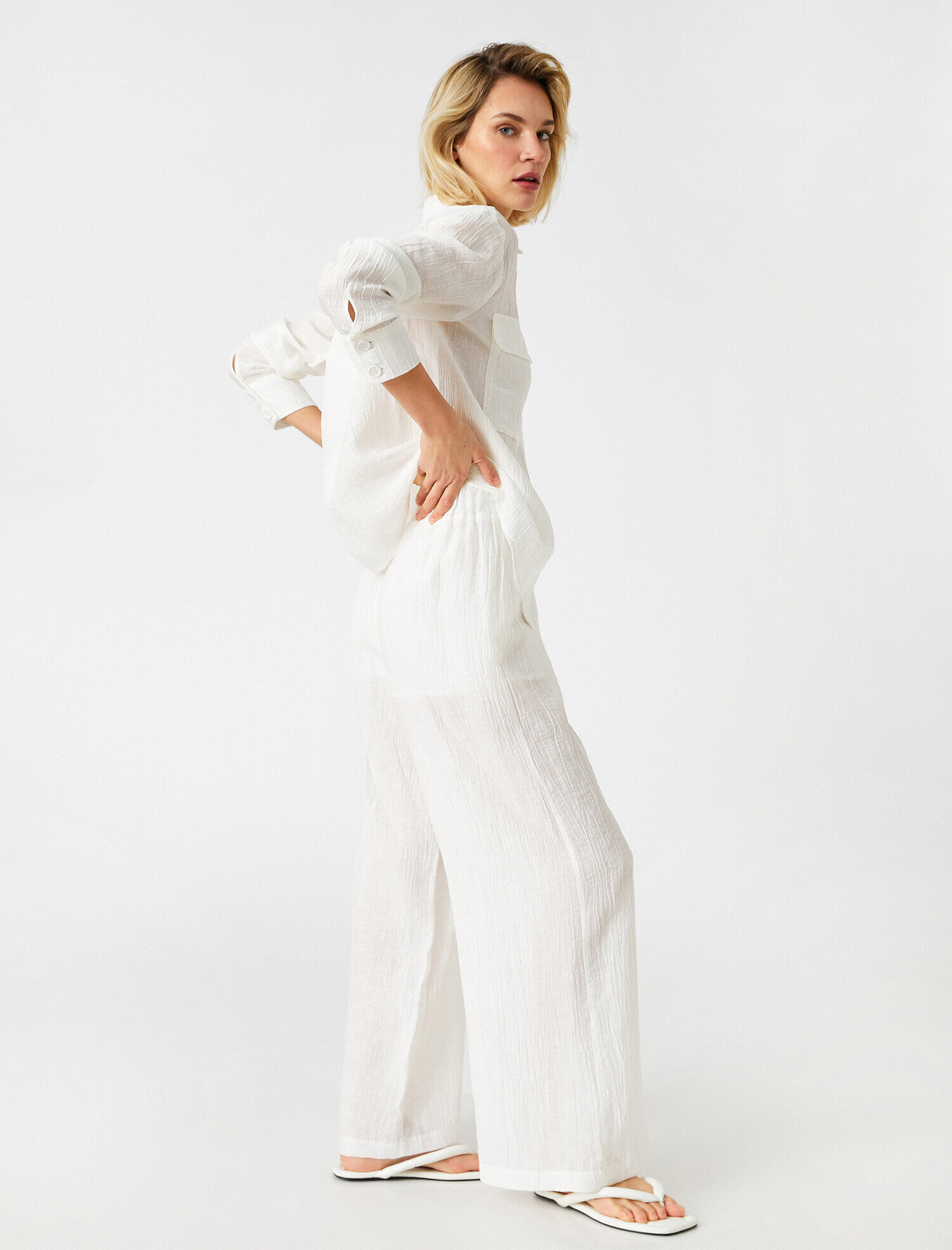   Beli Lastikli Bol Paçalı Pantolon Keten Karışımlı